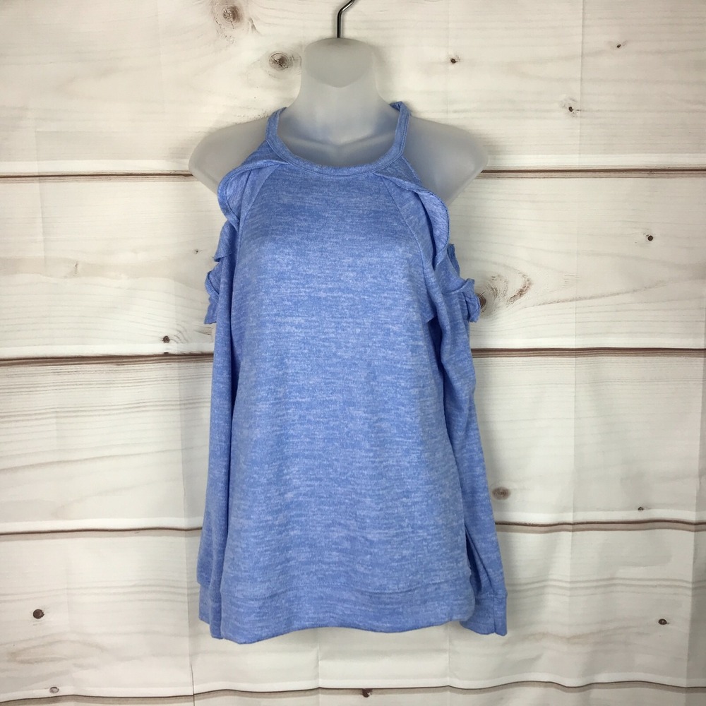 No Comment Top Juniors M Blue Ruffle Cold Shoulder Long Sleeve Knit High Neck